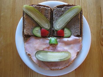 Elevated view of anthropomorphic sandwich 