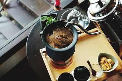 High angle view of coffee on table