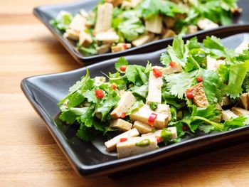 Close-up of fresh tofu salad served in plate