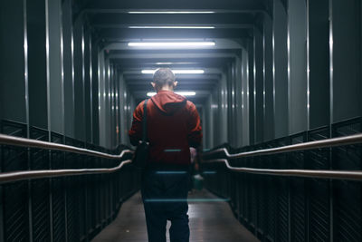 Rear view of man walking on staircase