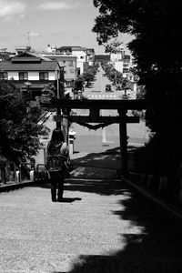 Rear view of man standing in city