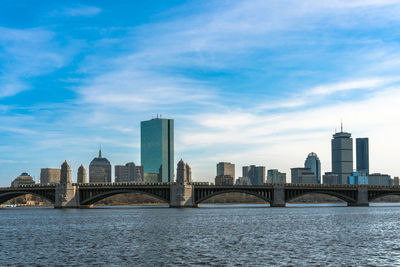 Scene of train running over the longfellow bridge the charles river at the evening time