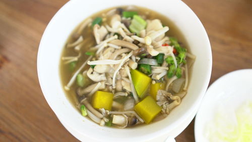 High angle view of soup in bowl on table