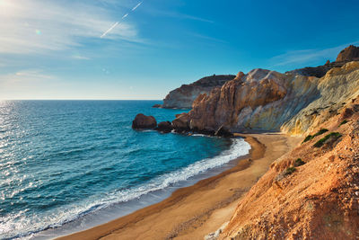 Agios ioannis beach on sunset. milos island, greece