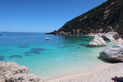 Scenic view of sea against clear blue sky