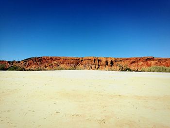 Scenic view of beach against clear blue sky