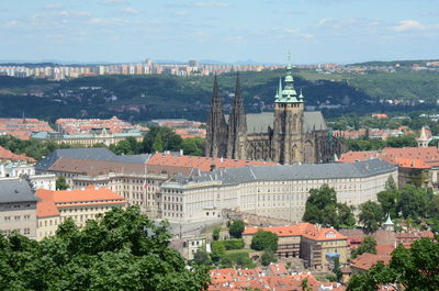 High angle shot of townscape against sky