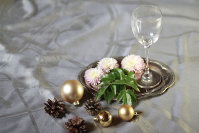 High angle view of wine glass on table