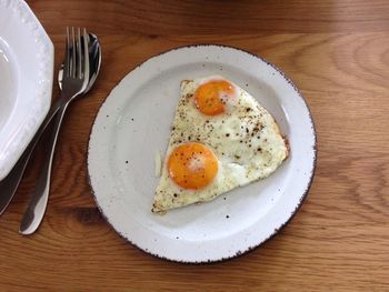 Directly above shot of fried egg served in plate on table