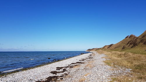 Scenic view of sea against clear blue sky