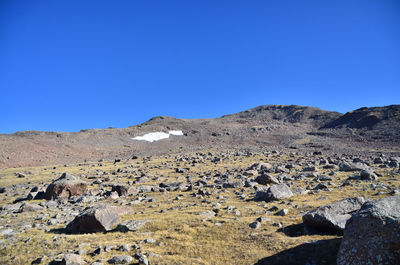 Scenic view of rocky mountains against clear blue sky