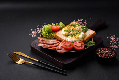 High angle view of food in plate on table