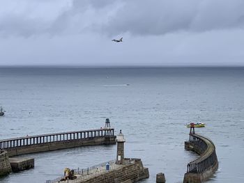 Seagulls flying over sea against sky