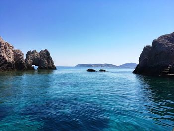 Scenic view of sea against clear blue sky