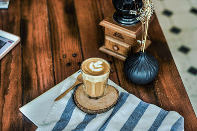 High angle view of coffee on table