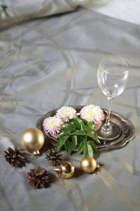 High angle view of wine glass on table