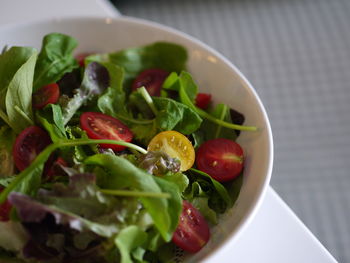 High angle view of salad in bowl on table