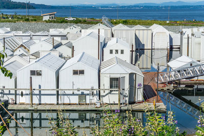 Boat sheds at a marina in tacoma, washington.