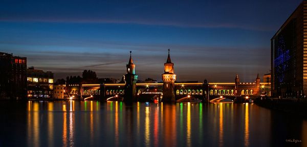 Bridge over river with city in background