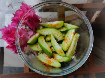 High angle view of fruits in bowl on table