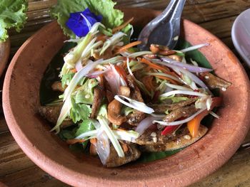 High angle view of salad in plate on table