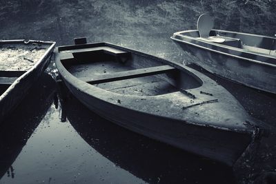 High angle view of abandoned boat moored in lake