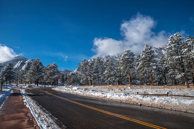 Road by trees against sky during winter