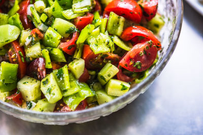 High angle view of chopped vegetables in bowl
