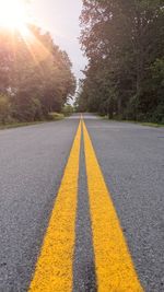 Surface level of road by trees against sky