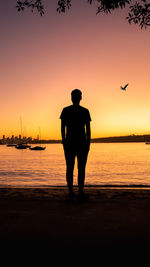 Rear view of silhouette man standing by sea against sky during sunset