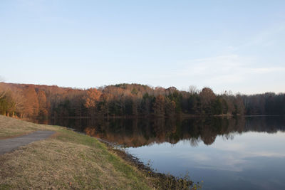 Scenic view of lake by trees against clear sky