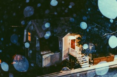 High angle view of illuminated building at night