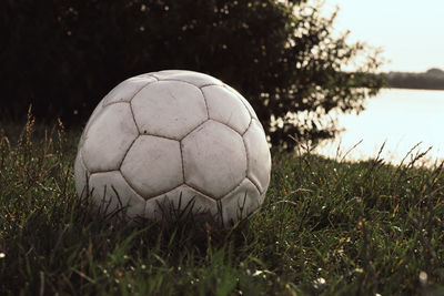Close-up of soccer ball on grass