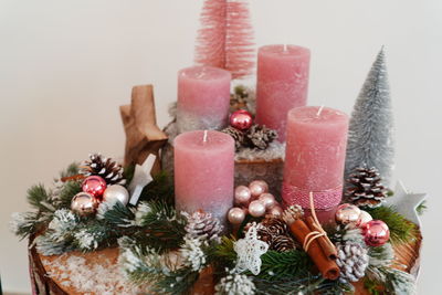 Close-up of christmas decorations on table