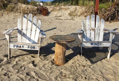 High angle view of text on beach