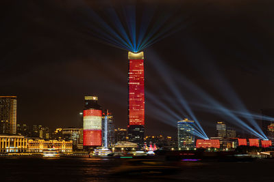 Illuminated city buildings at night