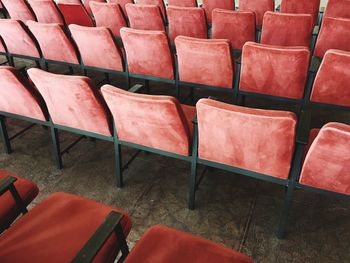 High angle view of empty chairs at stage theater