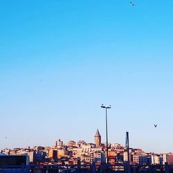 Cityscape against clear blue sky