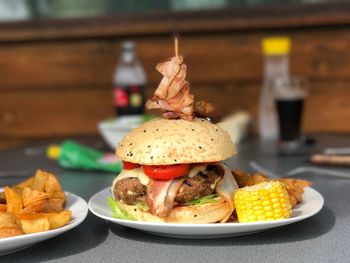 Close-up of burger in plate