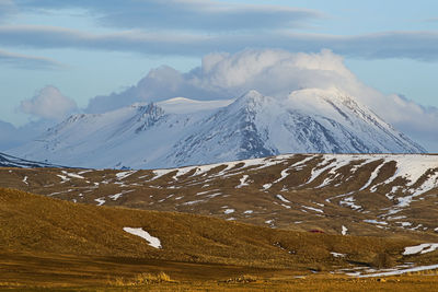 Scenic view of snowcapped mountains against sky