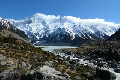 Scenic view of snowcapped mountains against sky