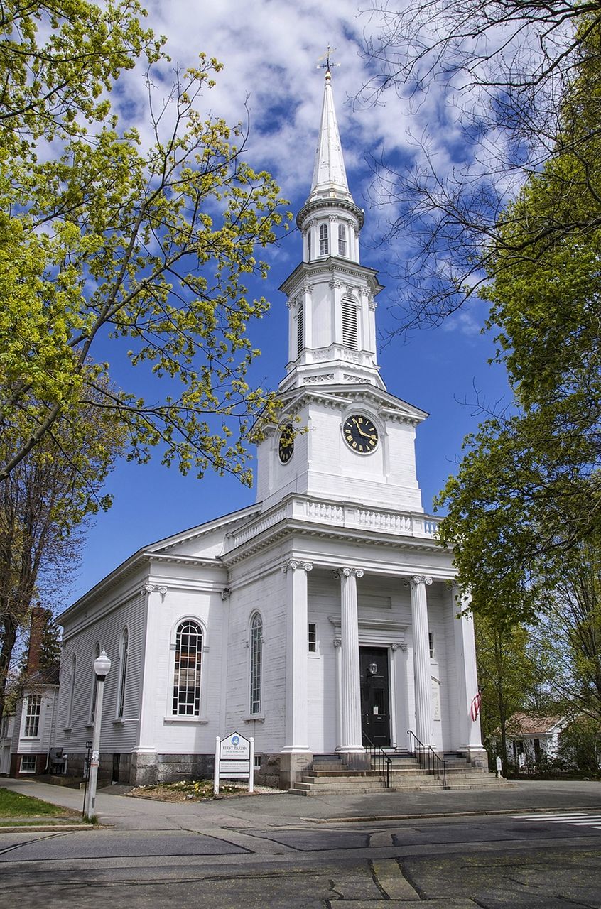 building exterior, church, architecture, tree, religion, place of worship, built structure, spirituality, sky, low angle view, cathedral, cross, tower, facade, day, cloud, cloud - sky, incidental people