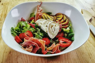 High angle view of salad in plate on table