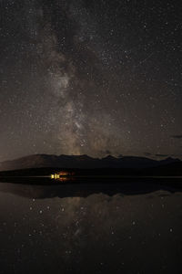 Milky way and stars reflecting in still lake
