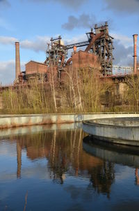 Pond by abandoned factory against sky