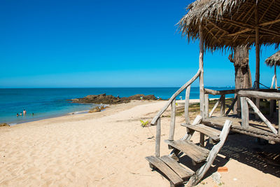 Scenic view of beach against clear blue sky