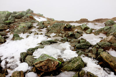Close-up of snow covered landscape against clear sky