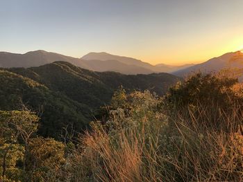 Scenic view of mountains against clear sky during sunset