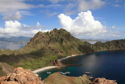 Panoramic view of bay against sky