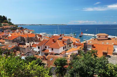 High angle view of town by sea against sky